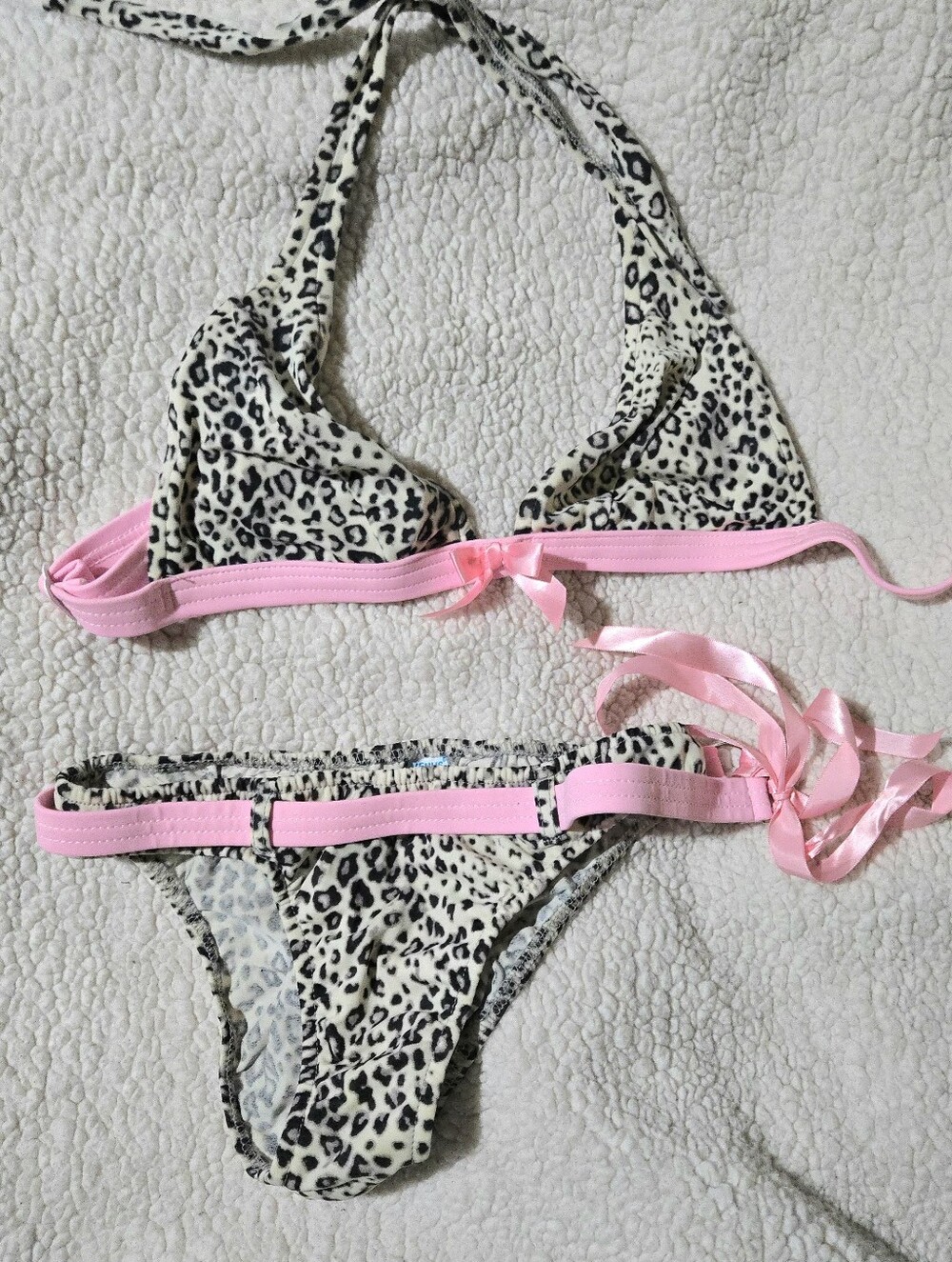 VENUS Leopard Print Bikini with Pink Trim Halter Top Pink Satin Bow Belted Btm